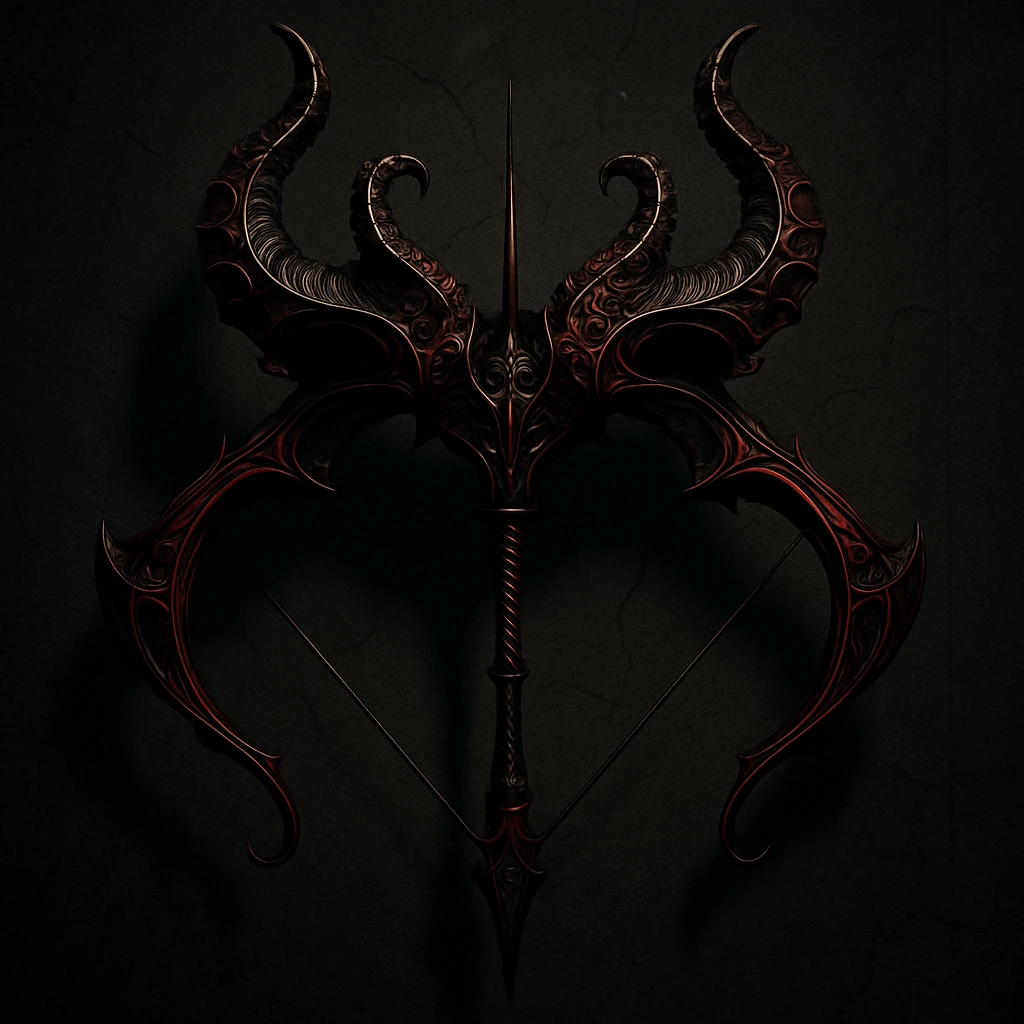 devil bow, gothic style, dark red and black colors, ornate horns, dramatic shadows, elegant and sinister emoji