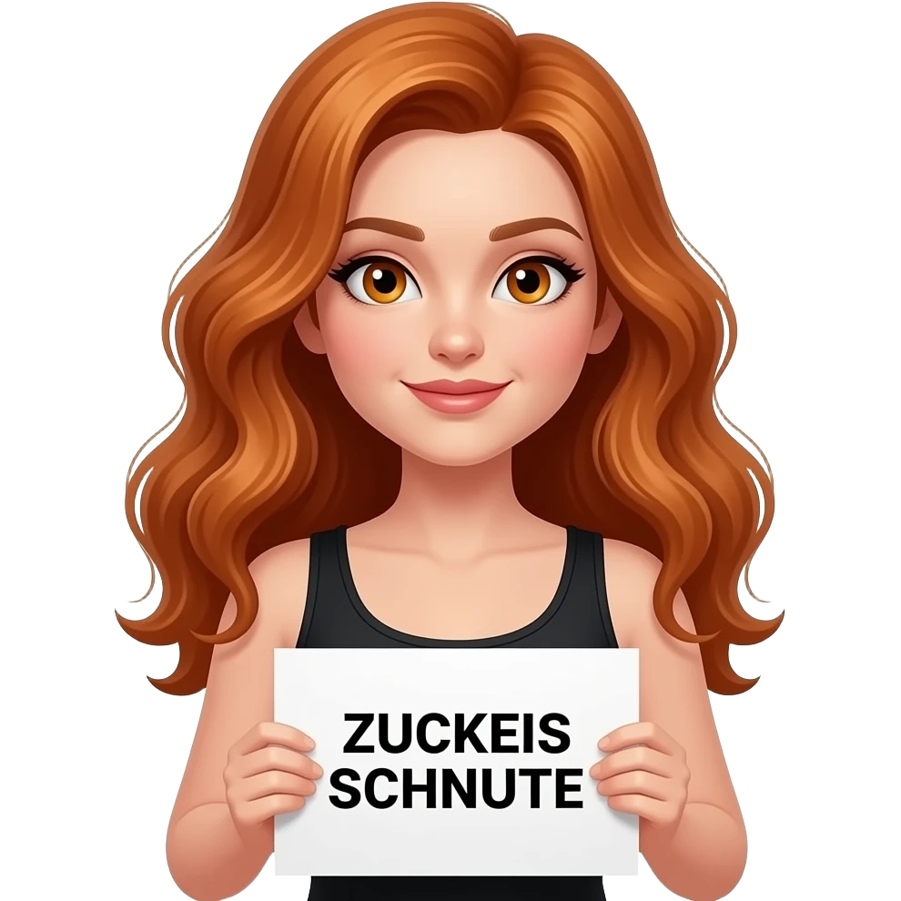 sexy girl with long wavy ginger hair and ginger eyes wearing a black tanktop is holding a white colored sign with ZUCKERSCHNUTE written on it emoji