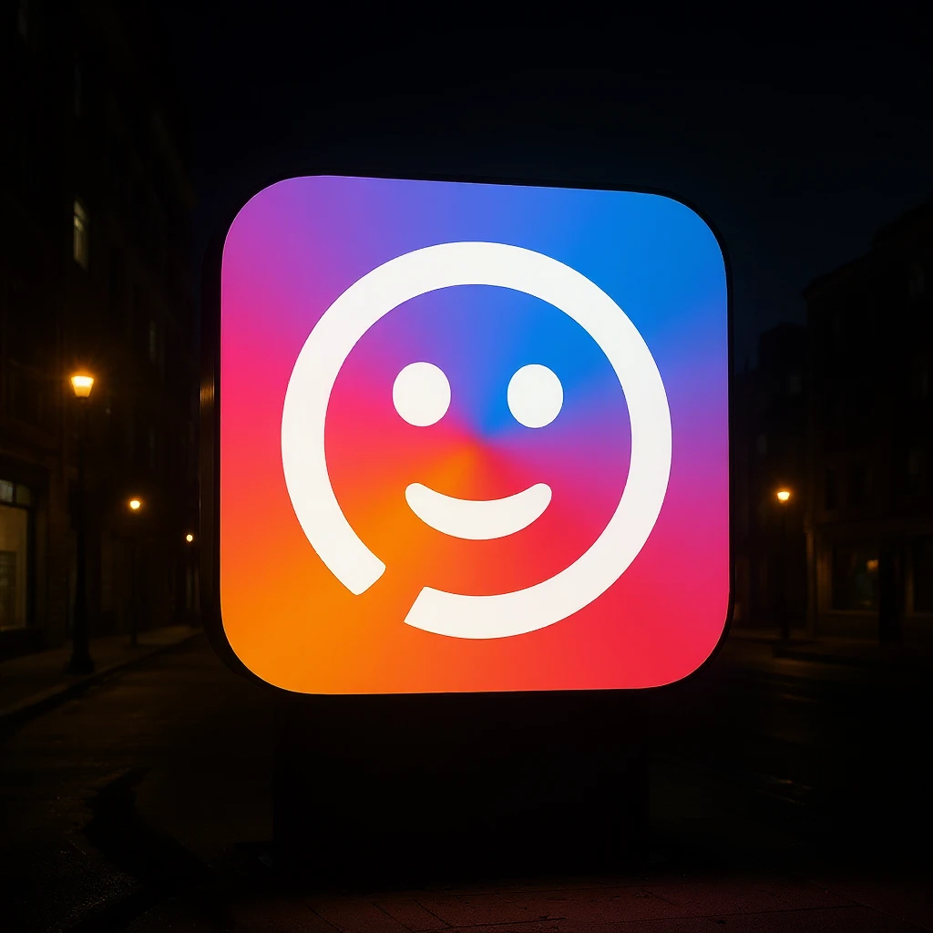 The logo rendered as a neon sign at night, glowing effect, urban environment emoji