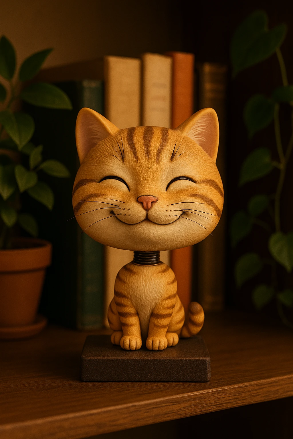 a smiling cat bobblehead, cartoonish, large head, small body emoji