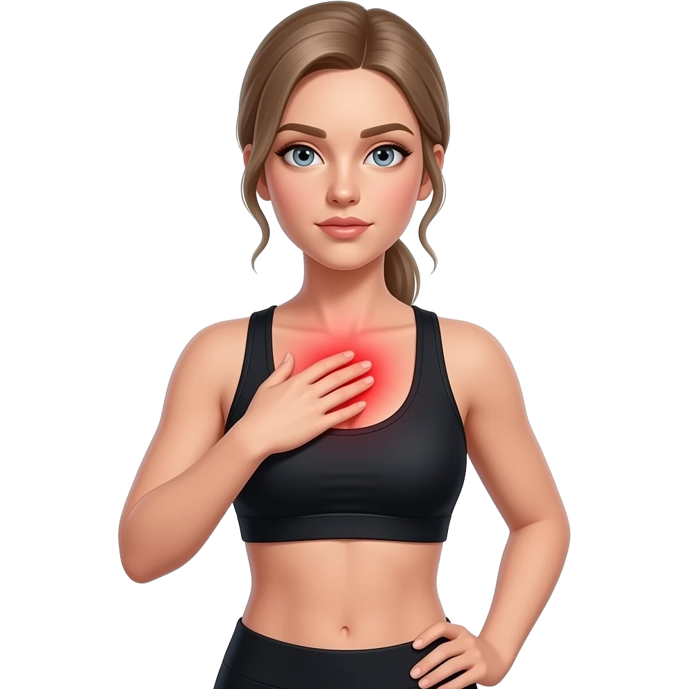 chest tension, red glow on chest, woman touching upper chest, fair-skinned woman, gray-blue eyes, ash brown brows, ash light brown hair tied back, slim athletic body, black workout set, white background emoji