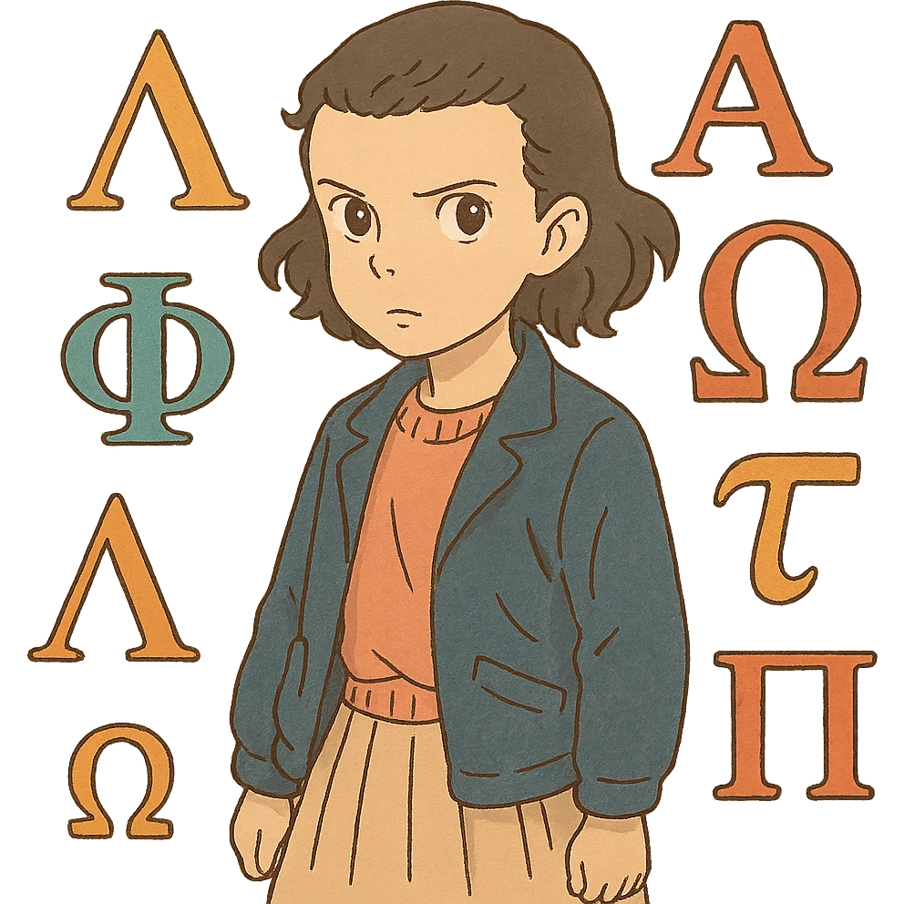 abstract representation of eleven using Greek alphabet motifs, ghibli style emoji