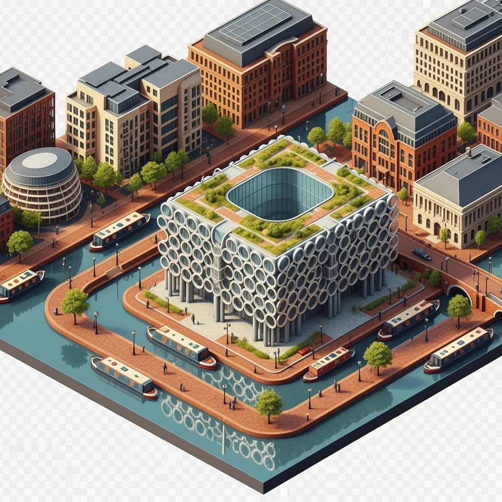 Isometric illustration of Birmingham, featuring the Library of Birmingham with its modern architecture and nearby canals, highly detailed in semi-realistic style, balanced between stylized and realistic, 3D miniature effect, transparent background. emoji