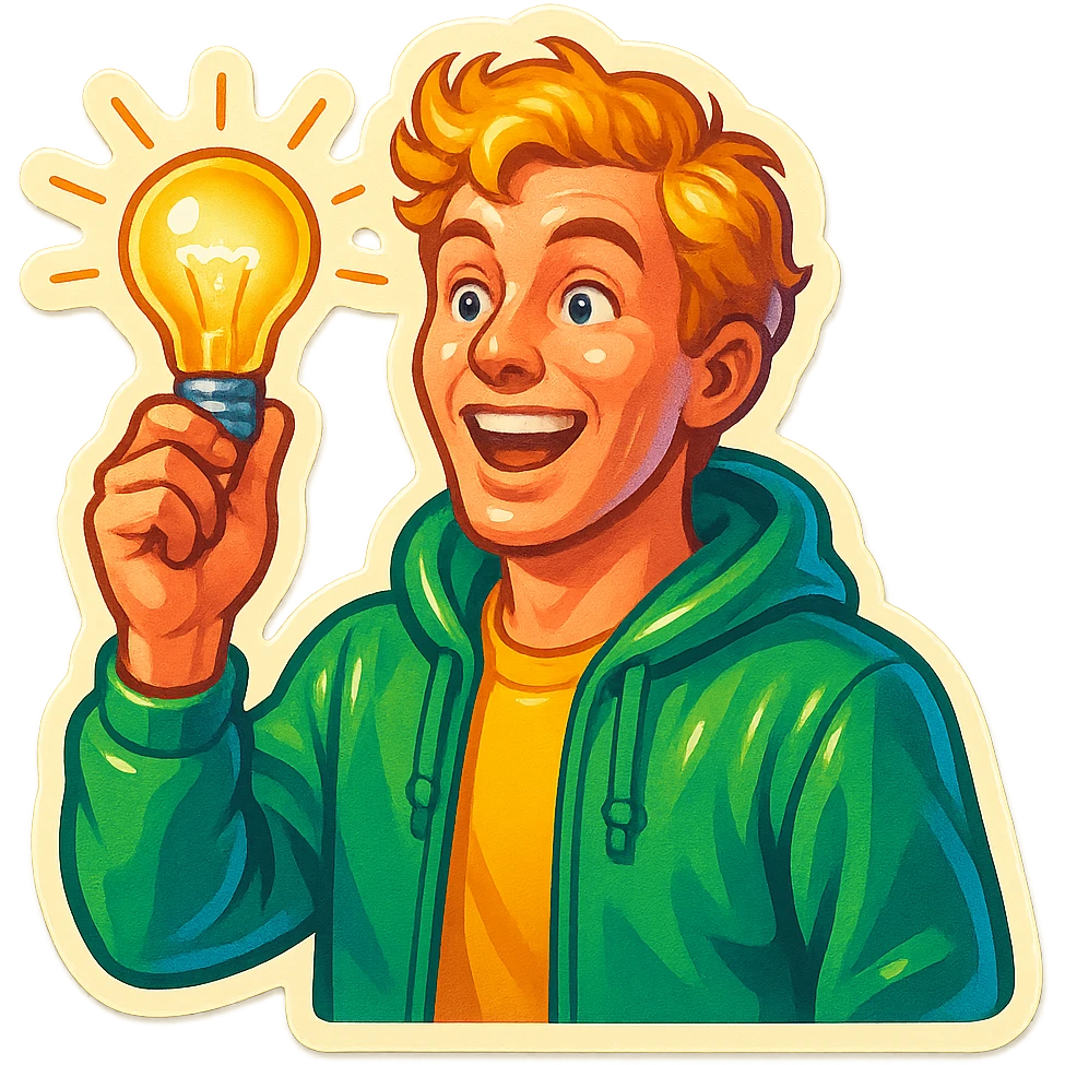 bright and expressive male visionary, fair skin, tousled golden hair, wide joyful eyes, wearing a green hoodie over a yellow tee, one hand raised with a glowing lightbulb, waist-up, front-facing emoji