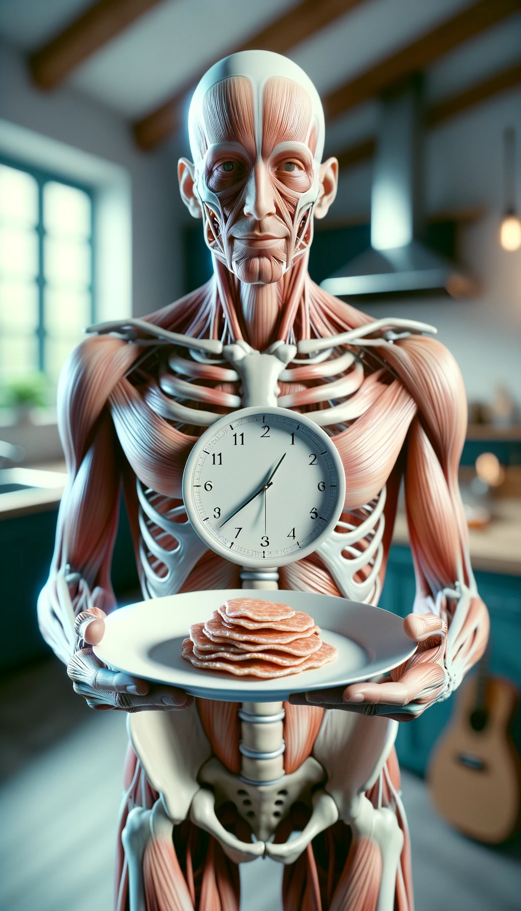 corpo umano anatomico, che tiene in mano un piatto bianco con la lancette di un orologio sopra, figura visibile fino ai fianchi, espressione del volto soddisfatta, sullo sfondo la sua cucina sfocata, iperrealistico 4k emoji