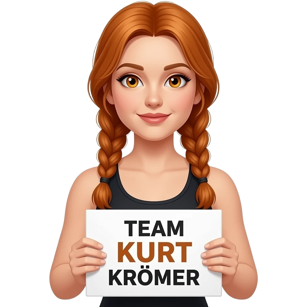 sexy girl with long ginger braids and ginger eyes wearing a black tanktop is holding a white sign with TEAM KURT KRÖMER written on it emoji