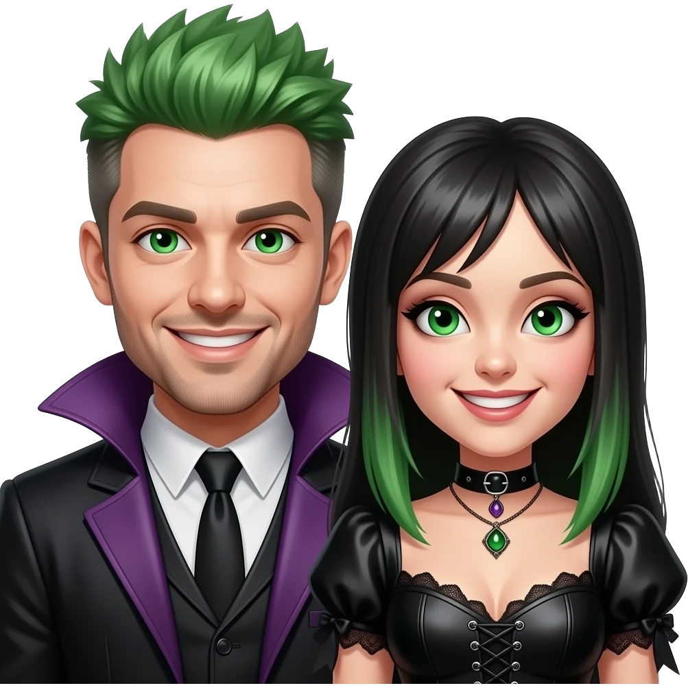 Man and woman with mischievous smiles and green eyes, funky hairstyle and gothic emoji