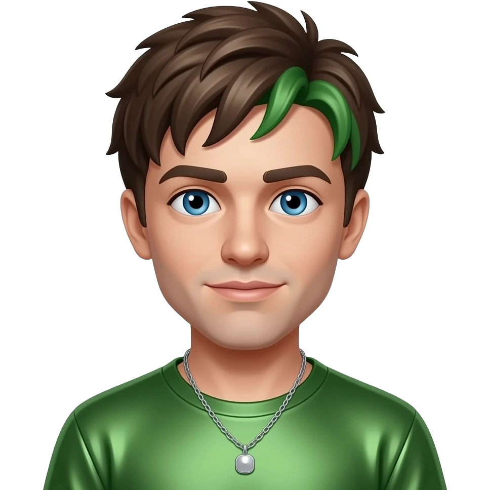 Jacksepticeye with blue eyes, brown hair with green dyed, green metallic shirt, silver necklace emoji