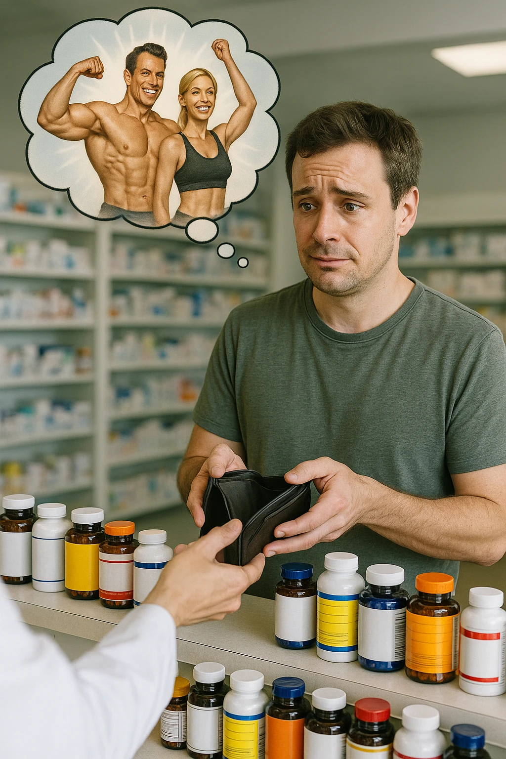 a man stands at a pharmacy counter, handing over a nearly empty wallet to the cashier while the counter is filled with bottles of supplements and vitamins. His expression is hopeful but slightly anxious. In the background, a thought bubble shows exaggerated images of instant health and fitness, symbolizing unrealistic expectations.  in italiano super realistica emoji