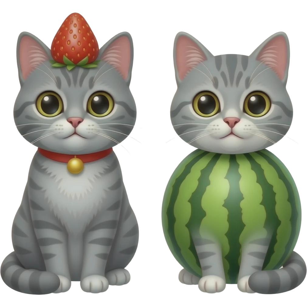 grey cat in strawberry and grey cat in watermelon emoji