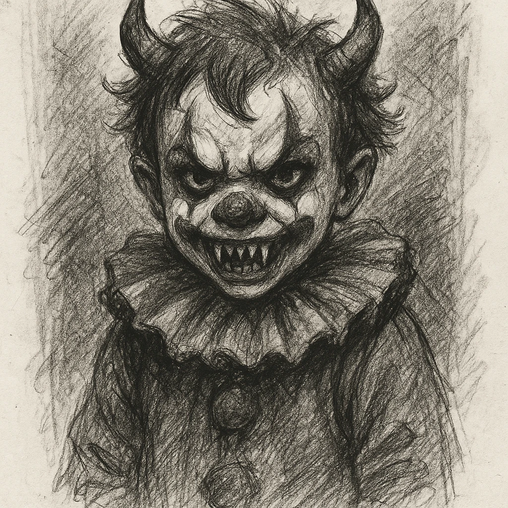 child demonic clown with horns and fangs, hand-drawn sketchy style emoji