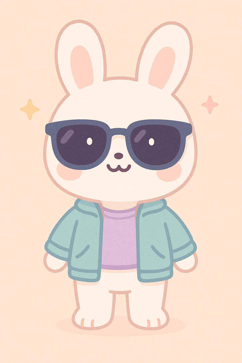 conejo blanco kawaii de pie, lentes oscuros, chaqueta y camiseta cool, sin zapatos, con pose de bienvenida emoji