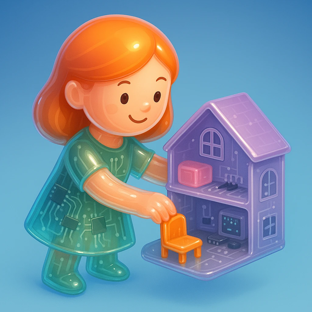 smiling girl arranging furniture in doll house emoji