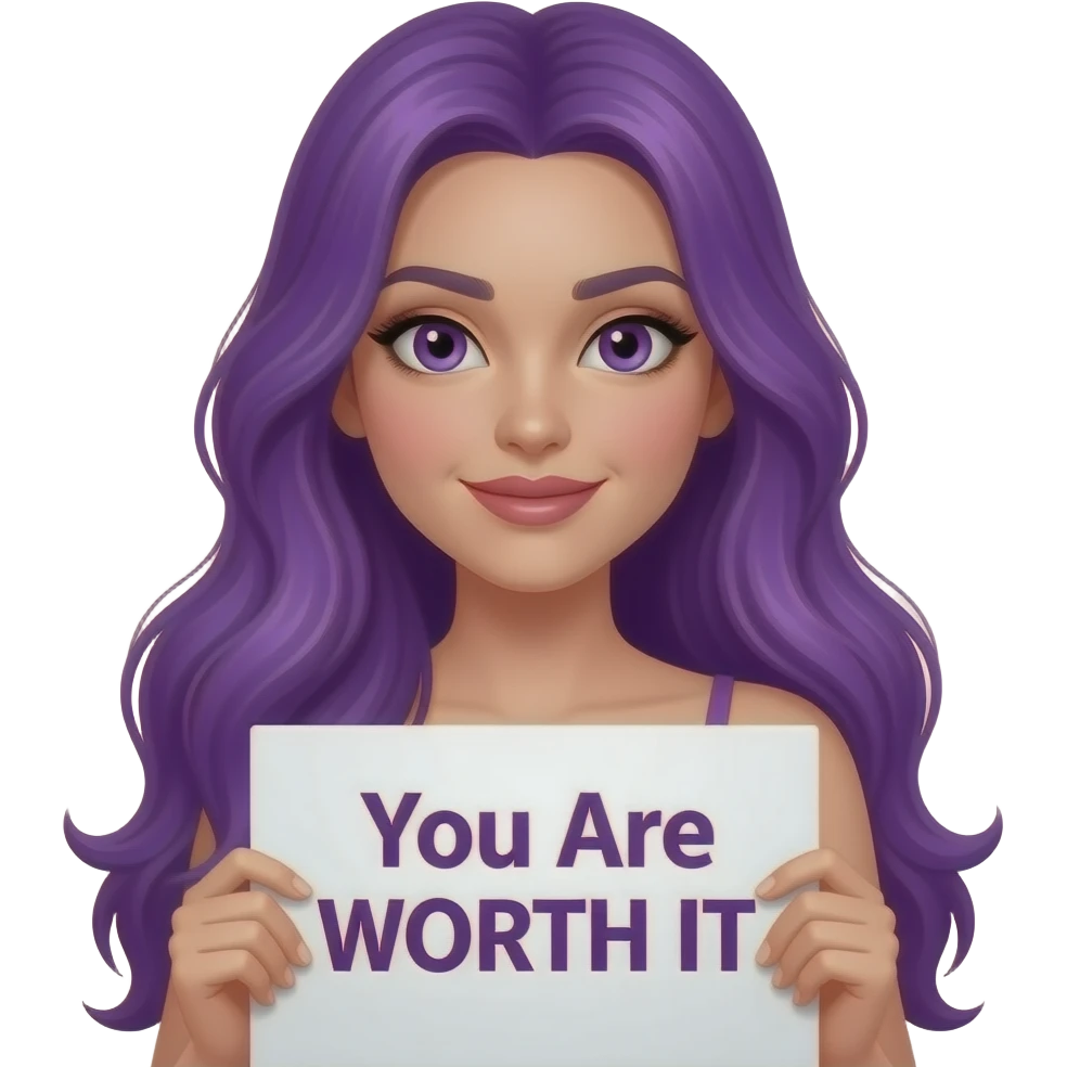 sexy girl with long purple hair and purple eyes holding a You Are WORTH IT sign emoji