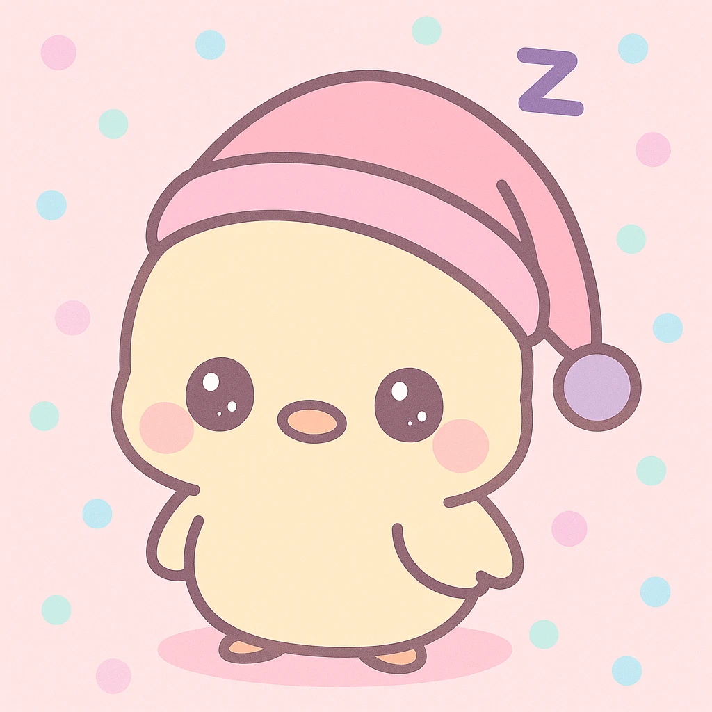 A baby chick feeling sleepy, kawaii style, with a pink nightcap emoji