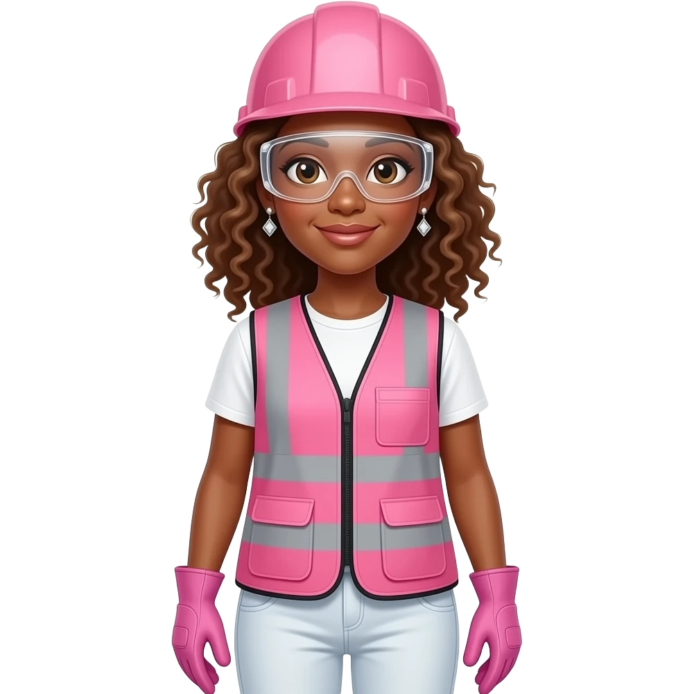 African American woman with brown eyes with shoulder length curly wavy light brown hair wearing diamond earrings wearing pink and clear safety glasses wearing a pink construction vest wearing white pans wearing pink construction vest wearing white pants wearing pink construction gloves emoji