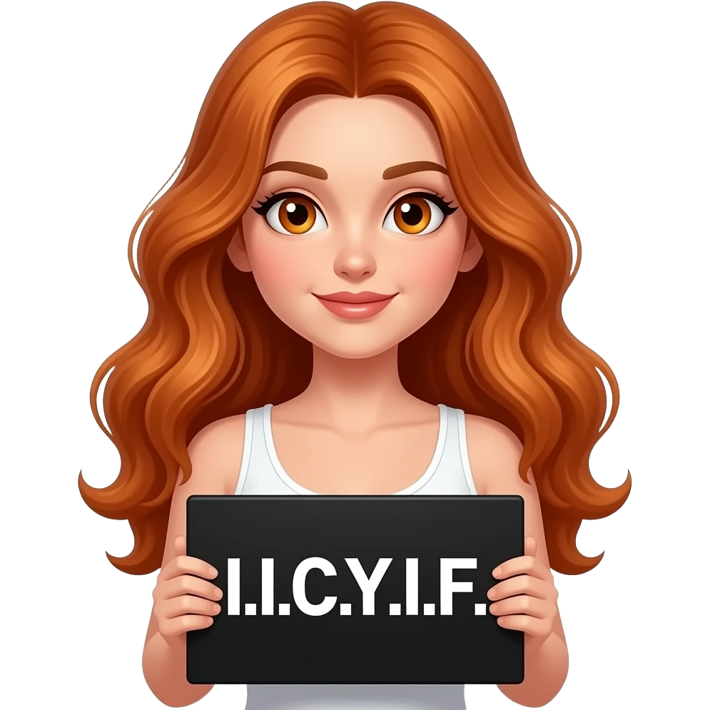 sexy girl with long wavy ginger hair and ginger eyes wearing a white tanktop is holding a black colored sign with I.I.C.Y.I.F.Y written on it emoji