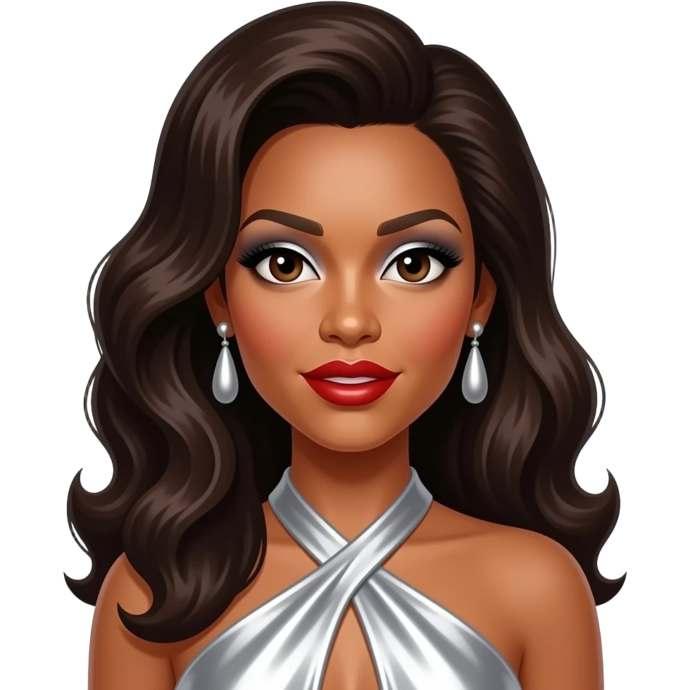 Kelly Rowland with dark brown eyes, long dark brown 60s beehive hair, silver eyeshadow, red lipstick, silver metallic halter dress, silver earrings emoji
