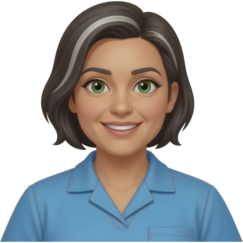 hispanic, female, nurse,and teacher, moss green eyes, 180 pounds asimetrical short hair some white, always smiling, kind, around 45yr of age loves, blue, thin ayebrows, lips not full but not thin emoji
