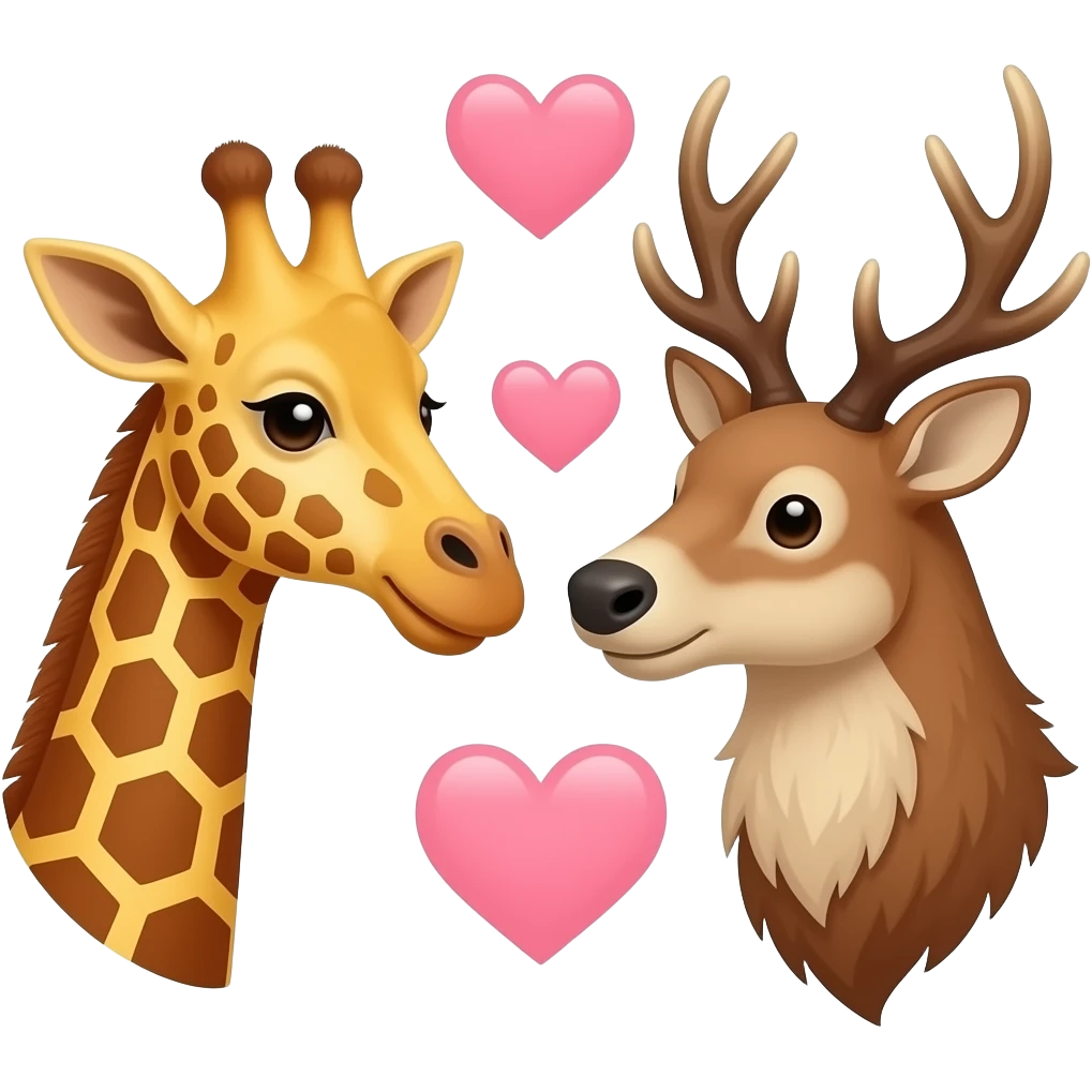 Einfacher Giraffenkopf und Elchkopf schauen sich an mit Herzchen emoji