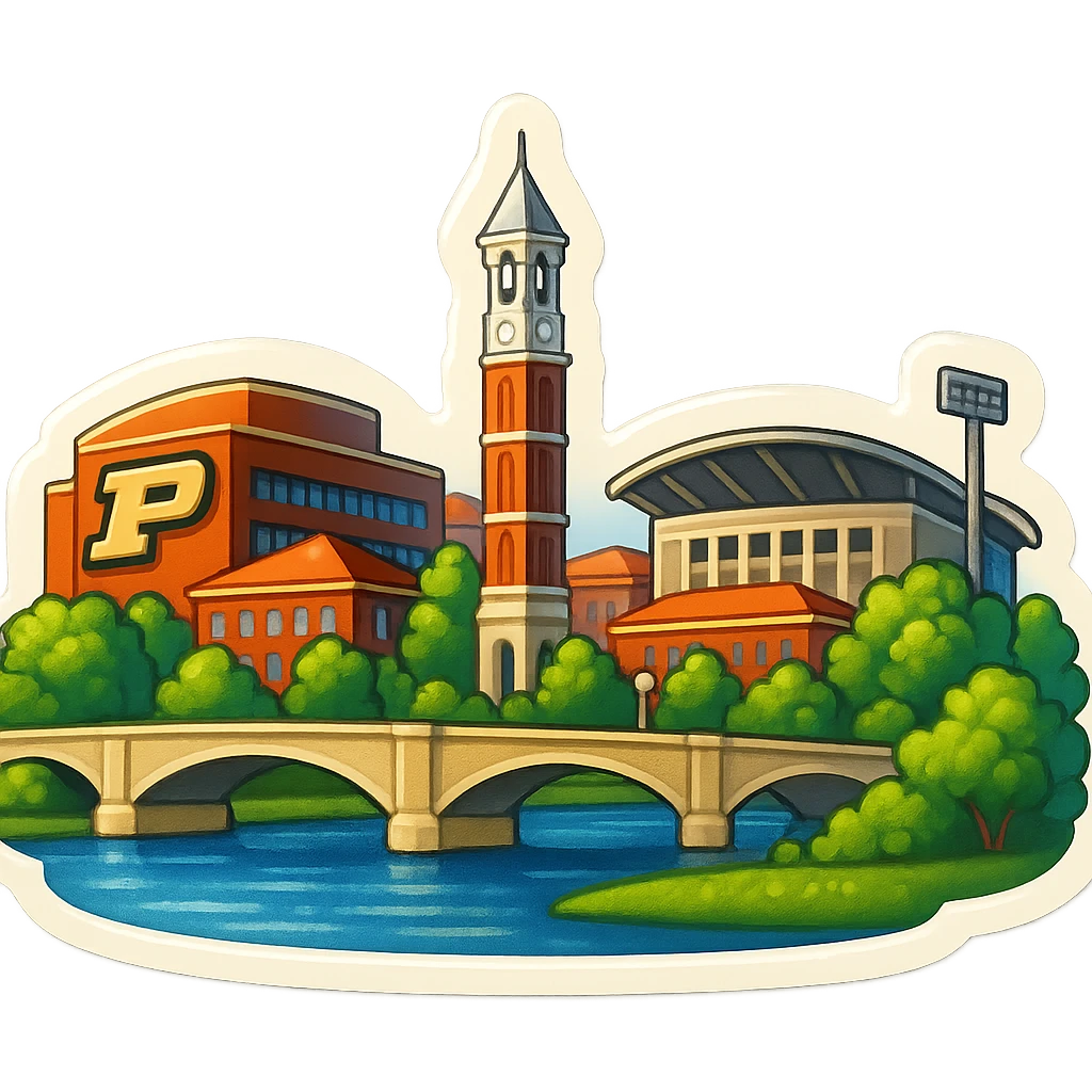 Re-do the West Lafayette, Indiana emoji with a more straight-on angle, featuring a wide city view with iconic landmarks such as the Purdue University campus, Purdue Bell Tower, Ross-Ade Stadium, and the Wabash River. The image should have lifelike detail, accurate colors, bright daytime lighting, and a fully transparent background with no sky, no clouds, and no city name label. Keep the style consistent with previous city emojis in the retro stickers style. emoji