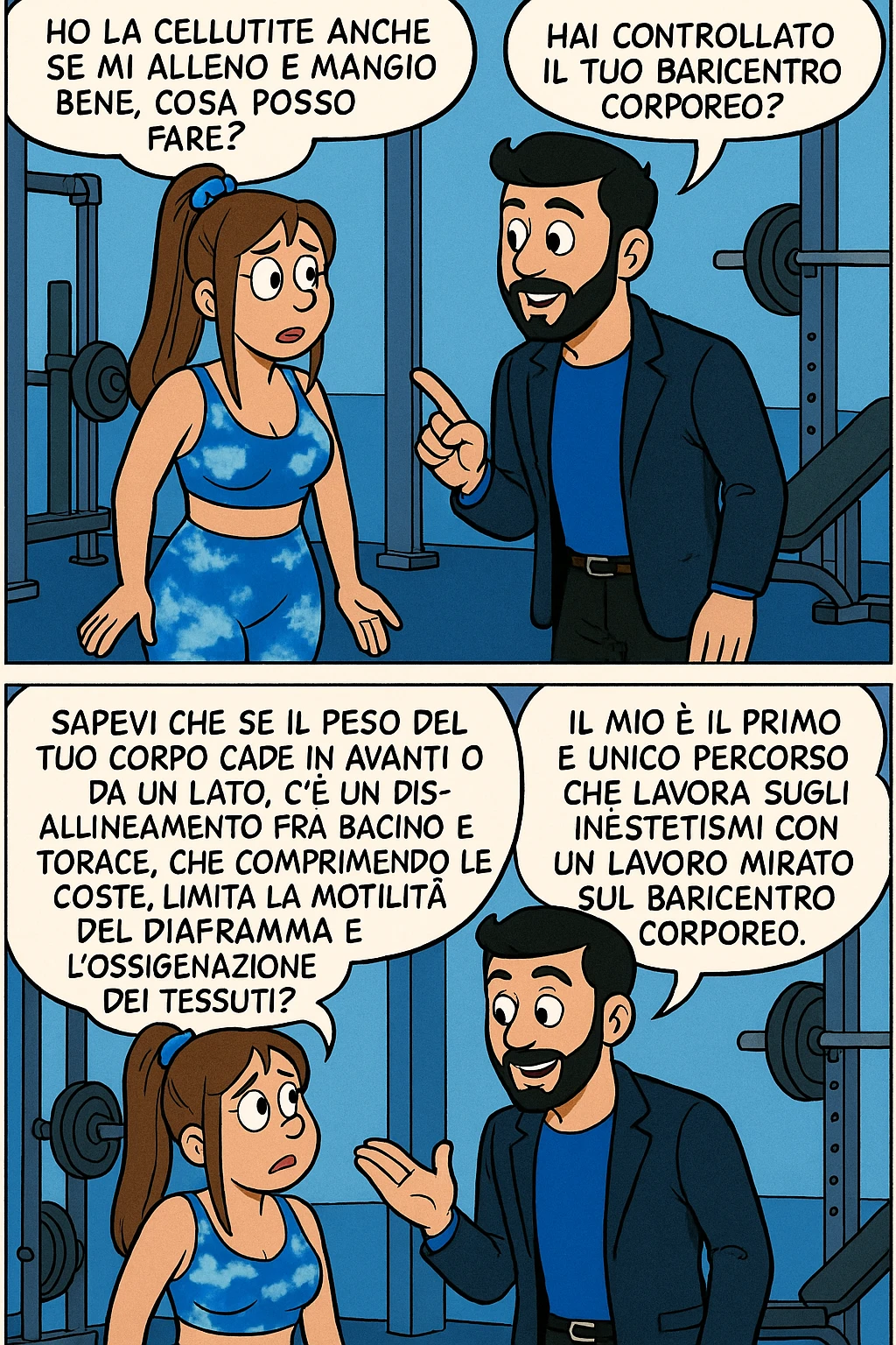 TRASFORMA QUESTO CAROSELLO IN UN FUMETTO STILE FUMETTO TOPOLINO CON QUESTE DUE PERSONE IDENTICHE CHE INTERLOQUISCONO TRA LORO:

LEI: Ho la cellulite anche se mi alleno e mangio bene, cosa posso fare?

LUI: Hai controllato il tuo baricentro corporeo?
LUI: Sapevi che se il peso del tuo corpo cade in avanti o da un lato, c’è un disallineamento fra bacino e torace, che comprimendo le coste, limita la motilità del diaframma e l’ossigenazione dei tessuti?
LUI: Il mio è il primo e unico percorso che lavora sugli inestetismi con un lavoro mirato sul baricentro corporeo. emoji