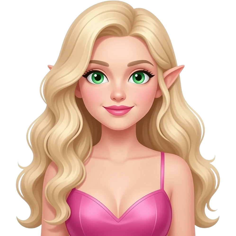 White girl 🧝🏻‍♀️, green eyes, very long wavy blonde hair, pink lips, sexy pink dress. emoji