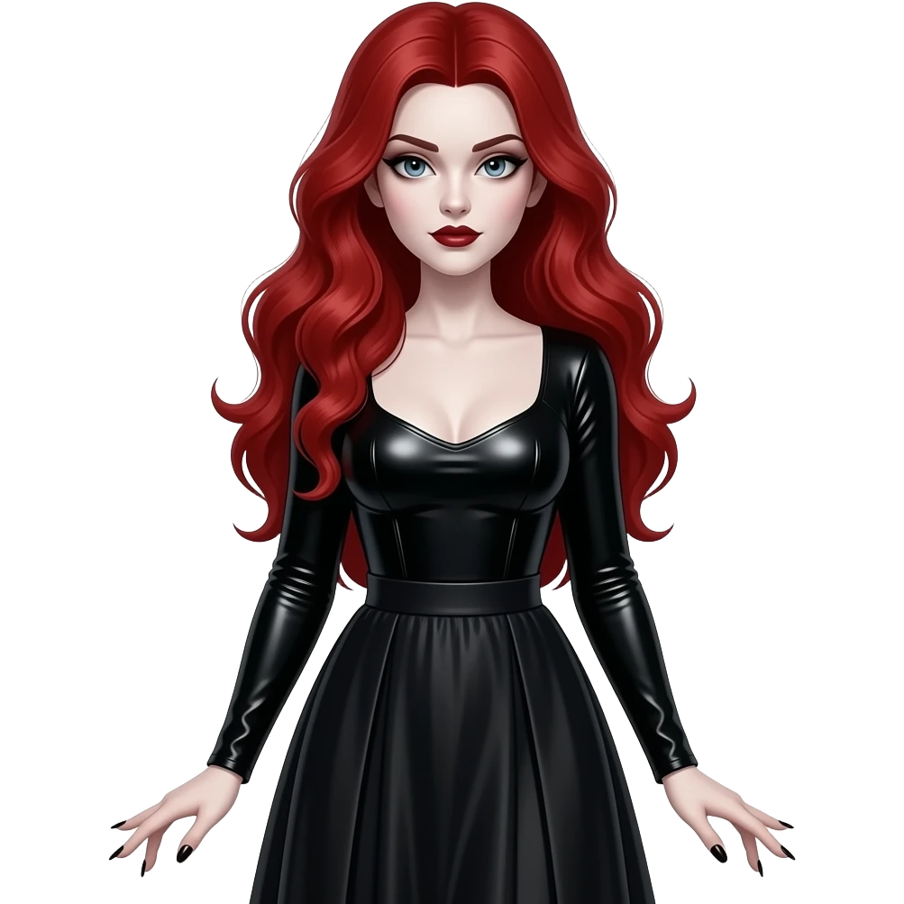 Vampiro femmina con pelle bianca e capelli lunghi rossi ondulati con una gonna lunga nera e un top attillante nero con maniche lunghe e french nails emoji