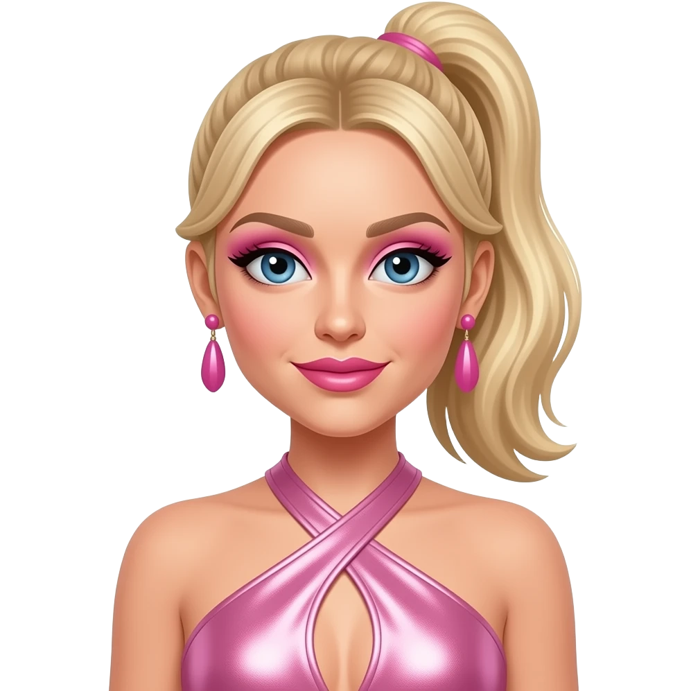 Emma Bunton from Spice Girls with blue eyes, long blonde high ponytail hair, pink eyeshadow, hot pink lipstick, light pink metallic halter dress, pink earrings emoji