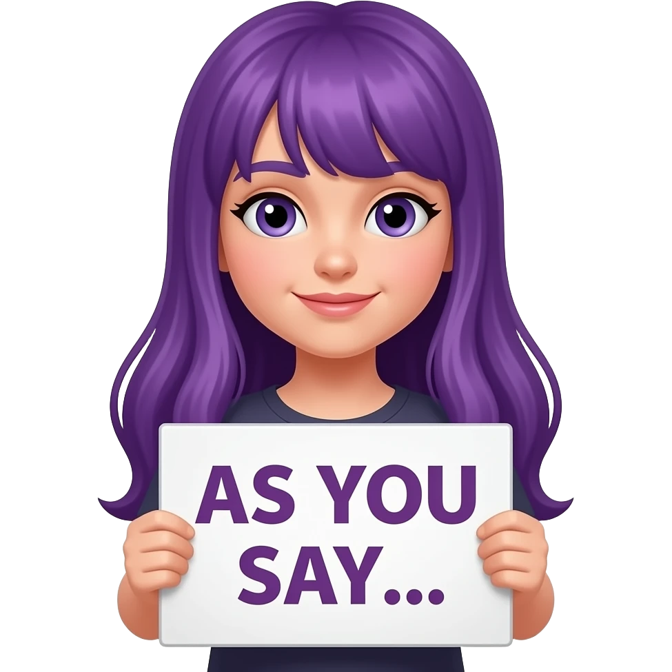 girl with long purple hair holding a AS YOU SAY... sign emoji