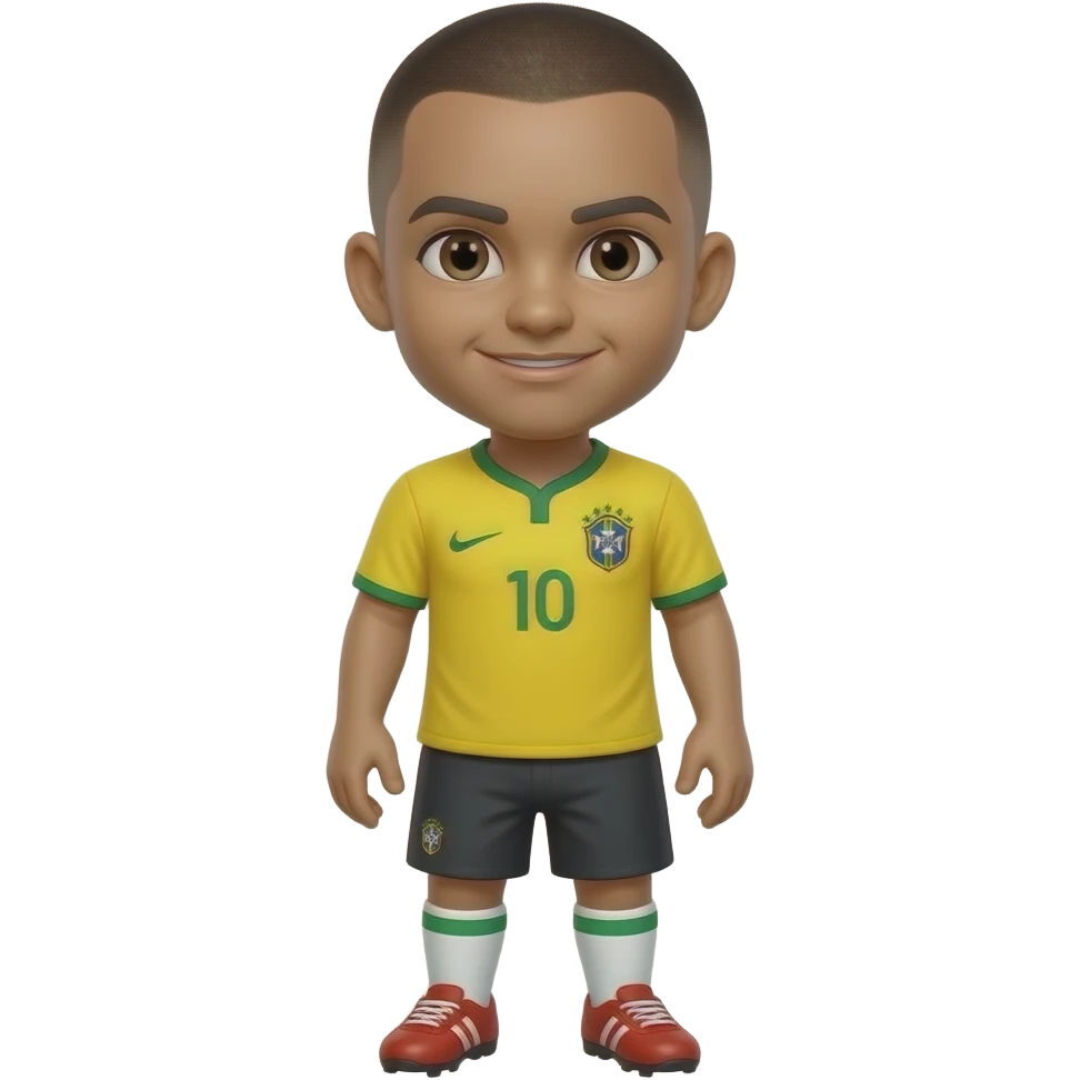 A  MINI GUY WITH YELLOW BRAZIL JERSEY   , PLAIN BLACK SHORTS  , WHITE SOCKS AND RED CLEATS MAKE HIM HAVE A BUZZ CUT emoji
