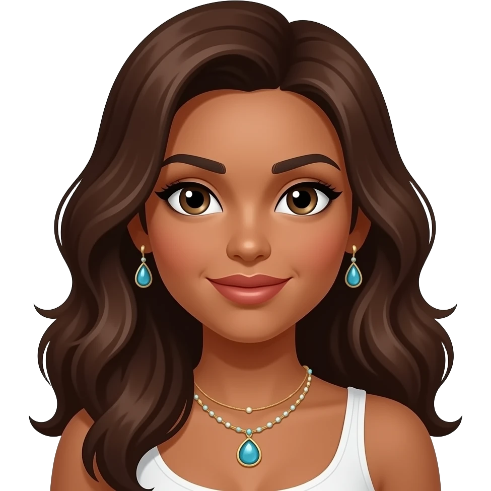 Una chica con el pelo y los ojos marrones, es morena y muy guapa. Lleva pendientes y pulseras. emoji