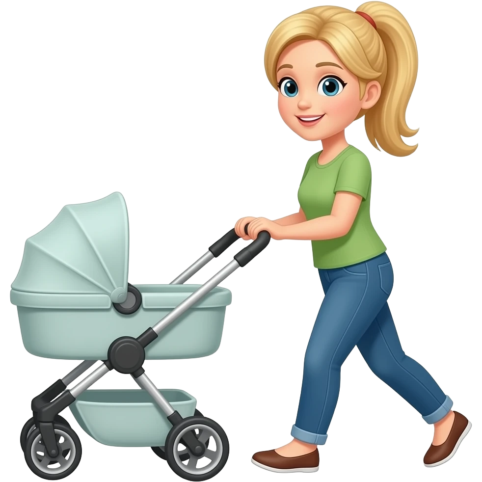 Mom pushing stroller. Blonde hair ponytail emoji