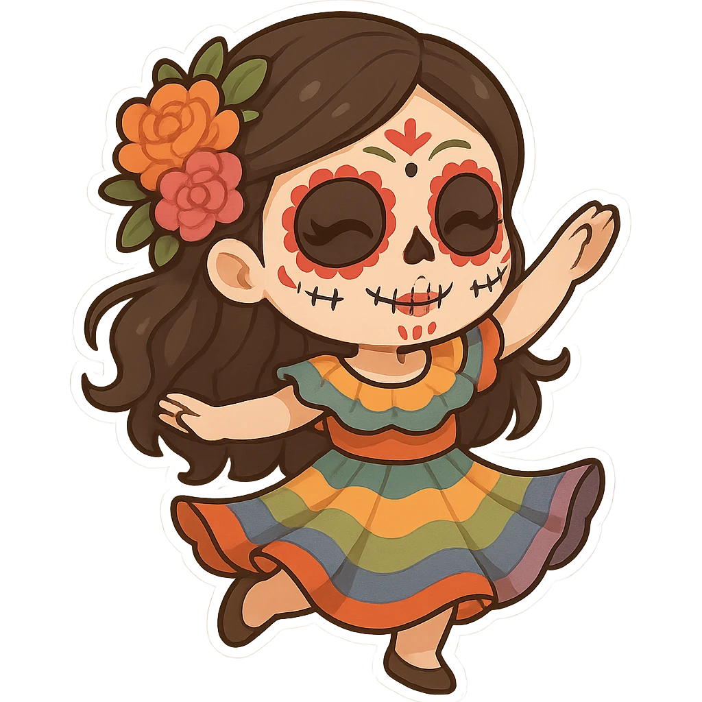一个身穿彩裙的女孩，脸上画着万灵节的妆容，跳舞 emoji