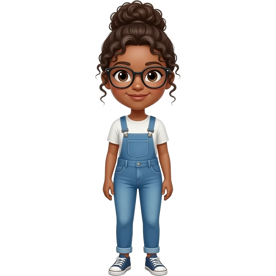 generate a fullbody girl with curly hair and glasses in a bun emoji
