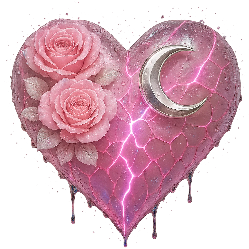 Edit the gothic heart to feature splintered light pink glass, a silver crescent moon, light pink roses, holographic stardust, neon lightning, and a wet look. Keep the background transparent. emoji