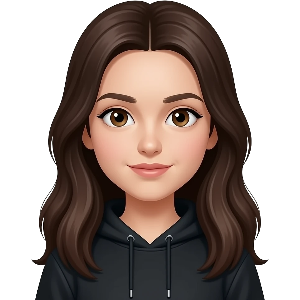 Искам да е emoji да е момиче около 17 годишна с дълга много тъмна кестянва коса с БРИТОНЧЕ НА ЛИЦЕТО черно худи emoji