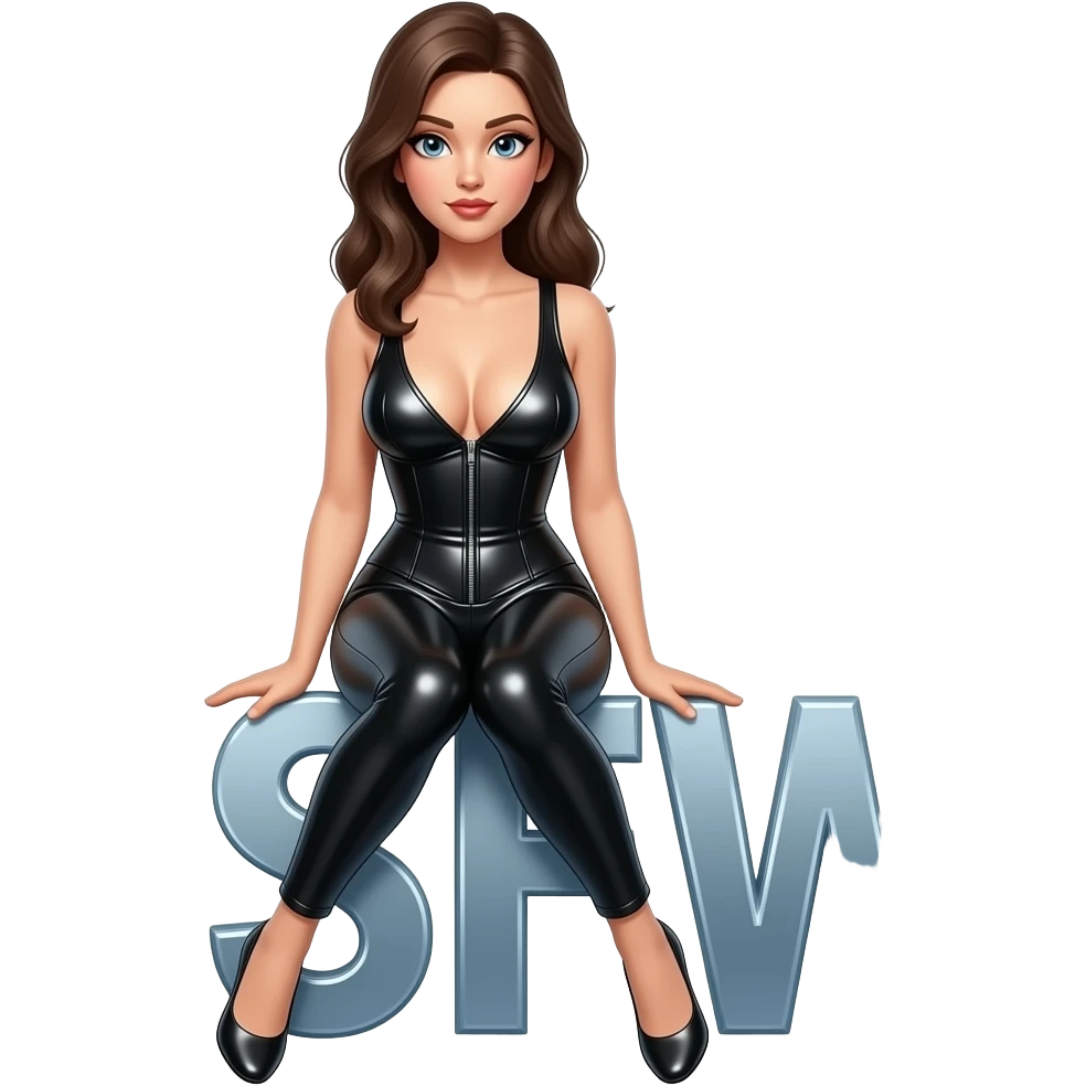 cuerpo entero, mujer vestida de latex brillante enseñando las tetas sentada sobre la palabra, con letra Bonita y elegante la Palabra "NFSW" se las tapa, sin fondo emoji