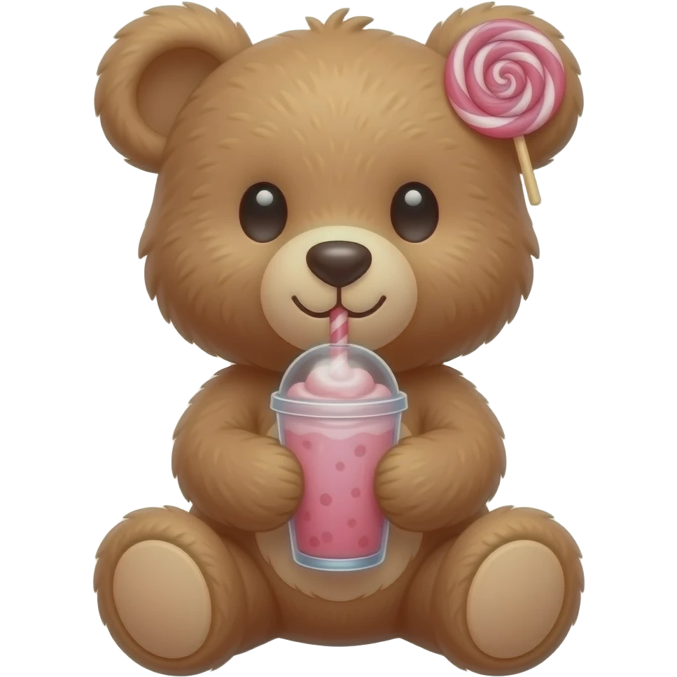 Un osito de pelucho tomando un batido con un lasito rosa en la oreja derecha emoji
