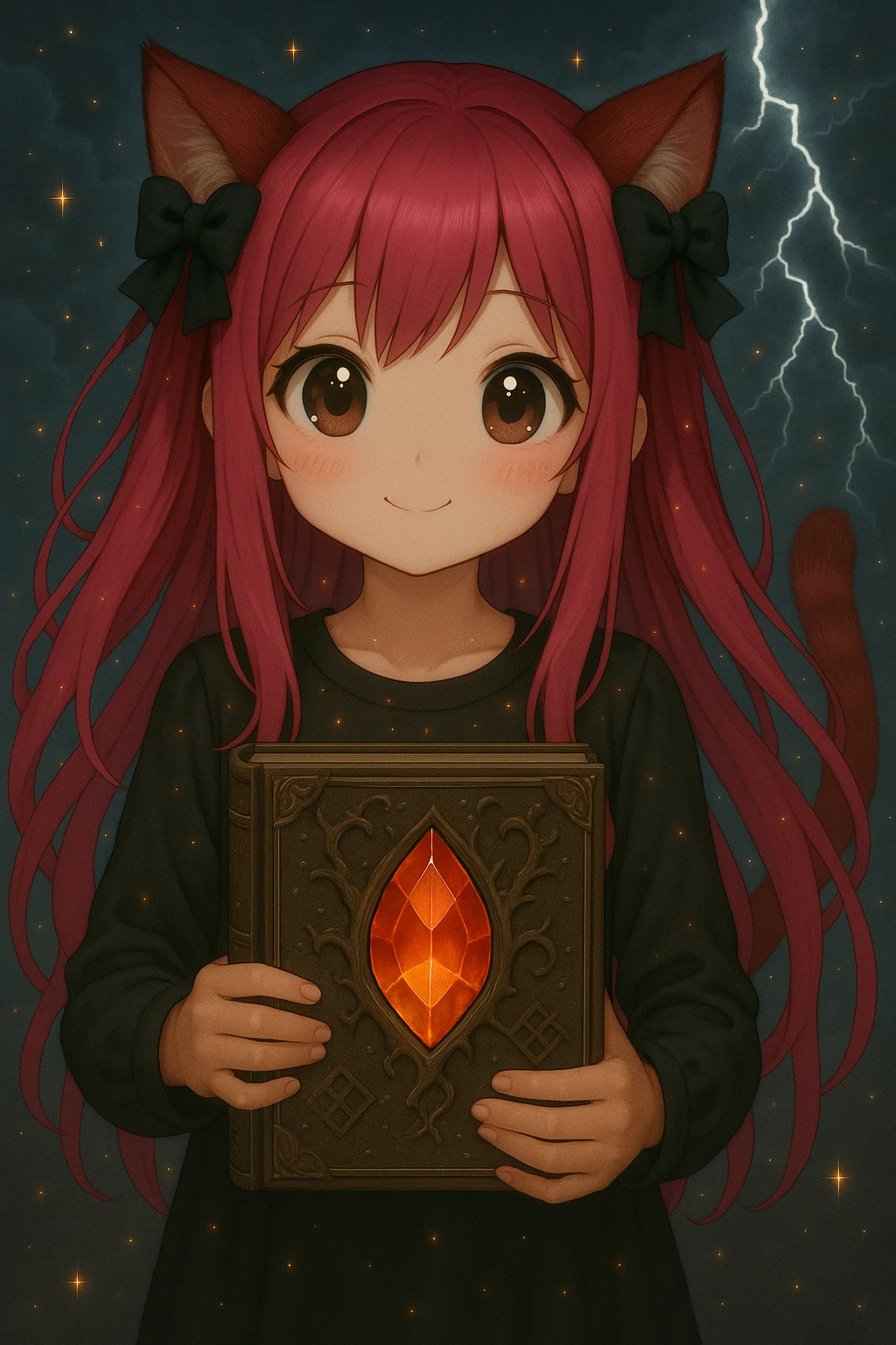 Change the character's facial expression to cute with big sparkling eyes, a small smile, and a gentle blush. Keep the emo style, pink hair, dark magical accessory, sparkles, and stormy background. Render in a realistic anime style. emoji