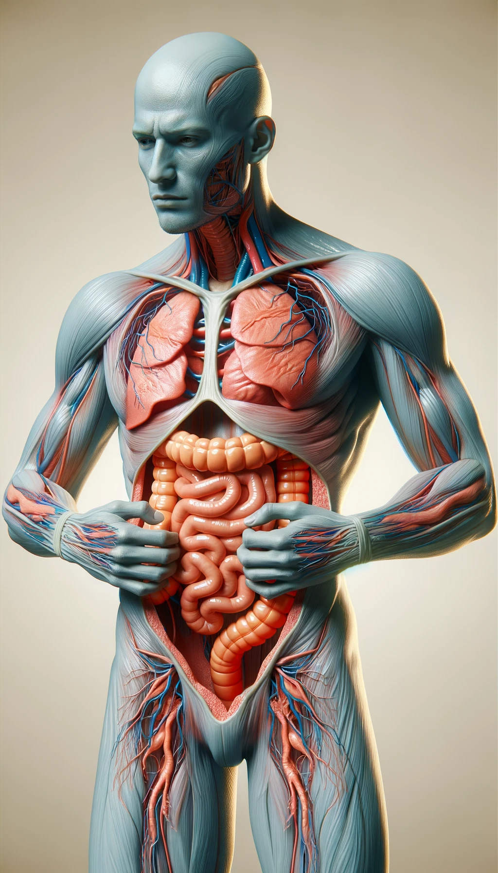 CORPO UMANO ANATOMICO CON INTESTINO UMANO ANATOMICO IN EVIDENZA CHE INDOSSA UNA MAGLIA SINTETICA, SI AFFERRA LA MAGLIA PER OSSERVARLA MEGLIO CON ESPRESSIONE DUBBIOSA IN VOLTO, SFONDO CHIARO NEUTRO, iperrealistico 4k emoji