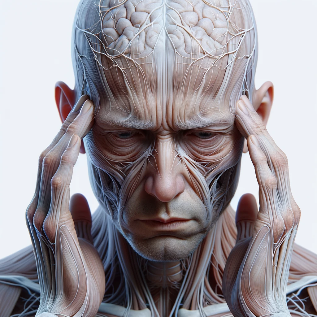 corpo umano anatomico con espressione stanca e stressata in volto, si tiene le dita sulle tempie per calmare il mal di testa, iperrealistico 4k, isolato su sfondo bianco emoji