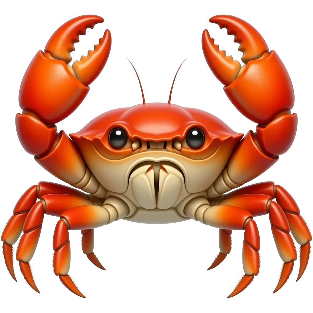 A crab emoji of realistic animal, front-facing toward the viewer, with both claws raised symmetrically. walking sideways, Bright red-orange shell, large expressive eyes on stalks, clean rounded shapes, flat vector style, bold outlines, centered composition, transparent background. emoji