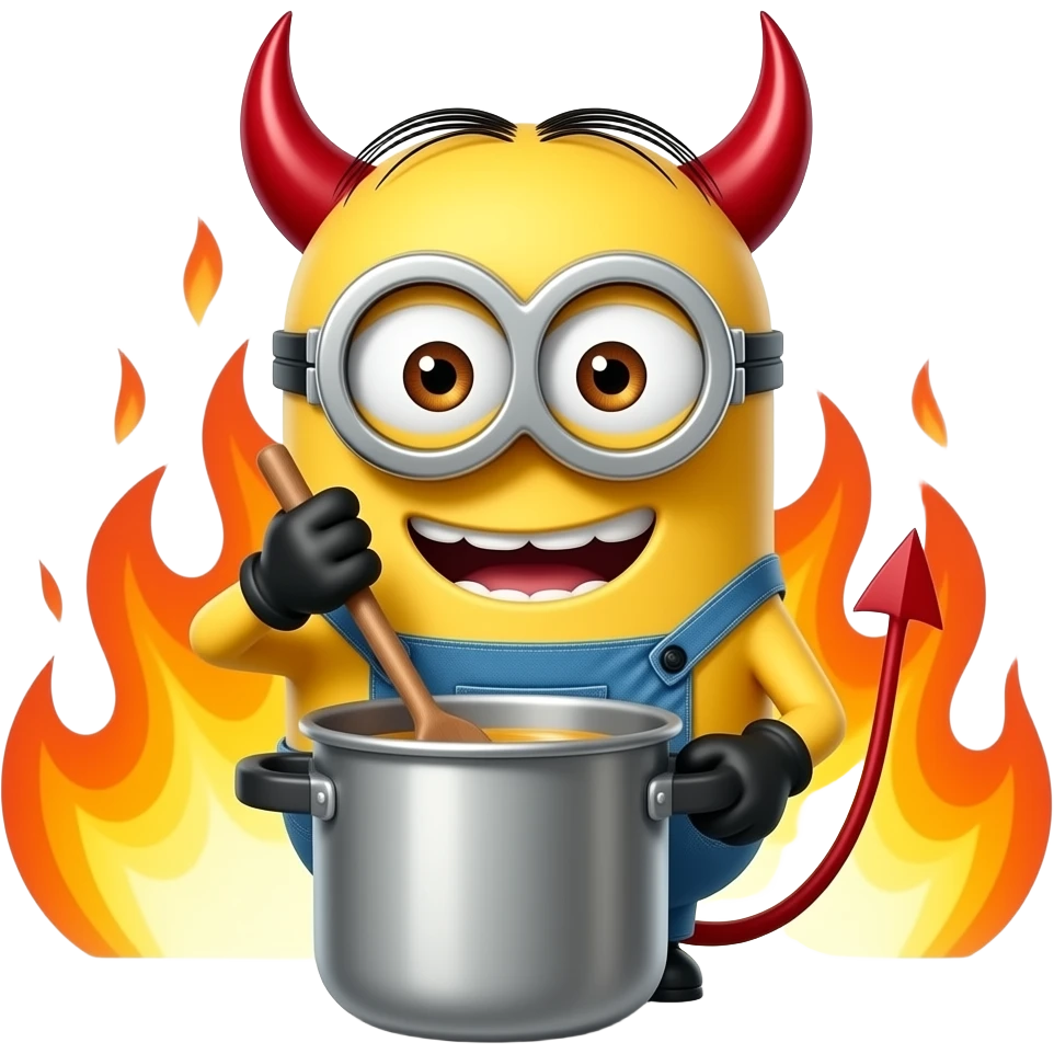 minion stiring the pot with devil horns with flames in the back ground emoji