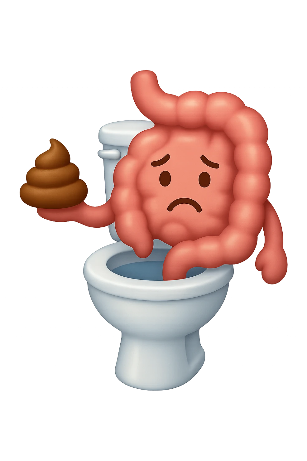 emoji stile iphone di un intestino che esce dal wc con in mano una montagnetta di feci con espressione triste a palline emoji