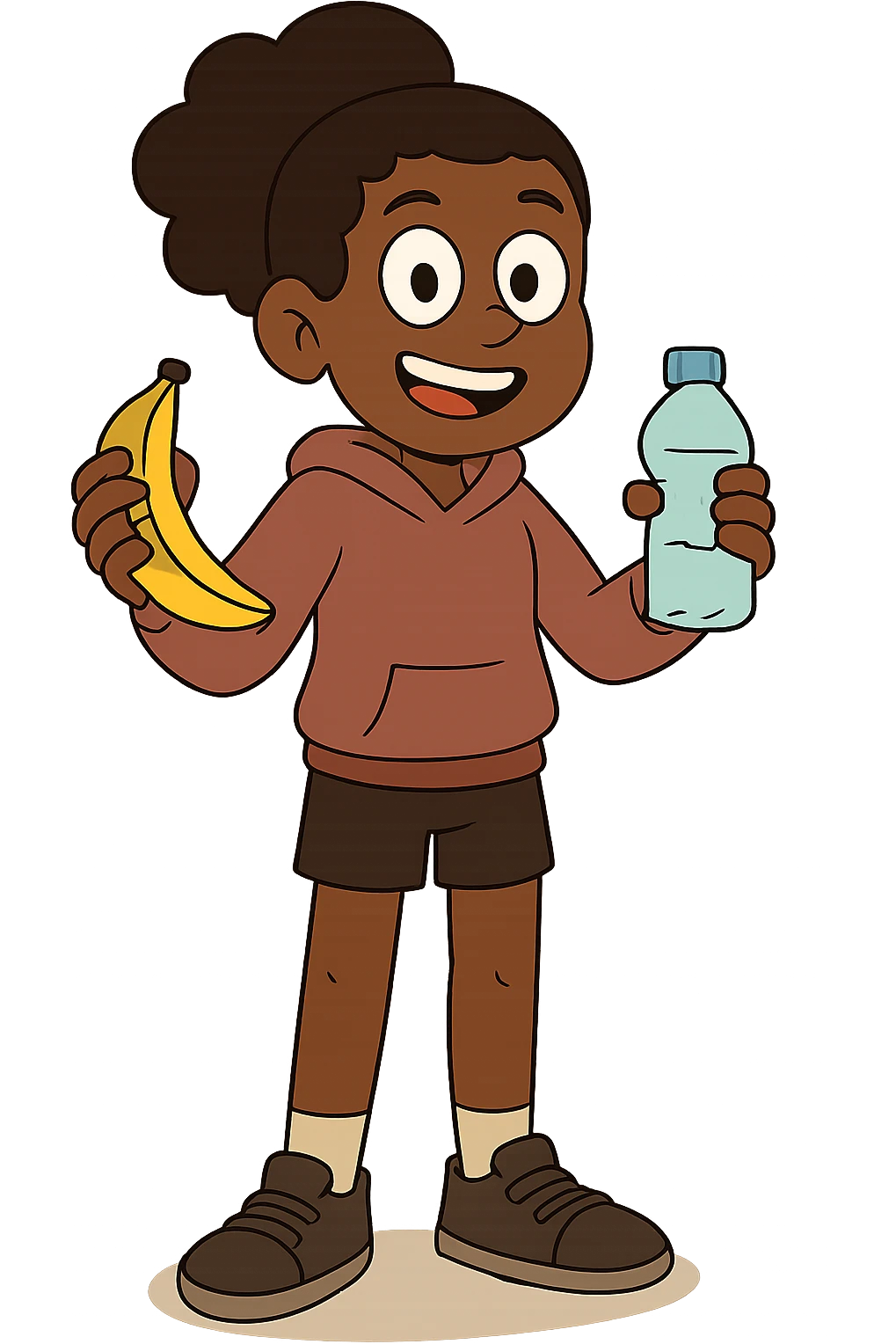 Change this image into a young fit and healthy black girl holding a banana and wearing shorts and a hooded jumper emoji