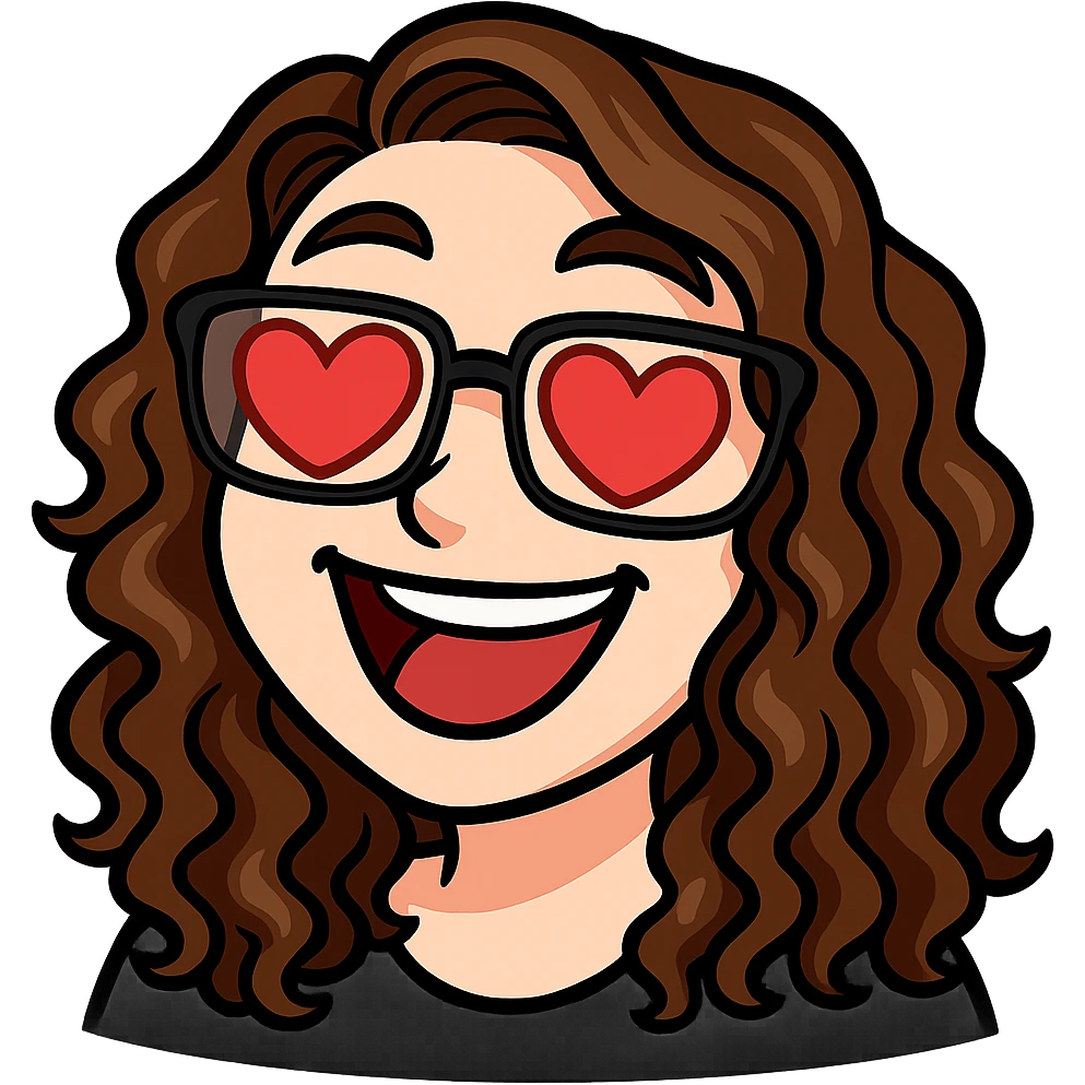 Create a Twitch emote of the person in the reference photo with glasses and curly hair in a bold and expressive style. The emote should show the person with heart eyes. Use a transparent background. emoji