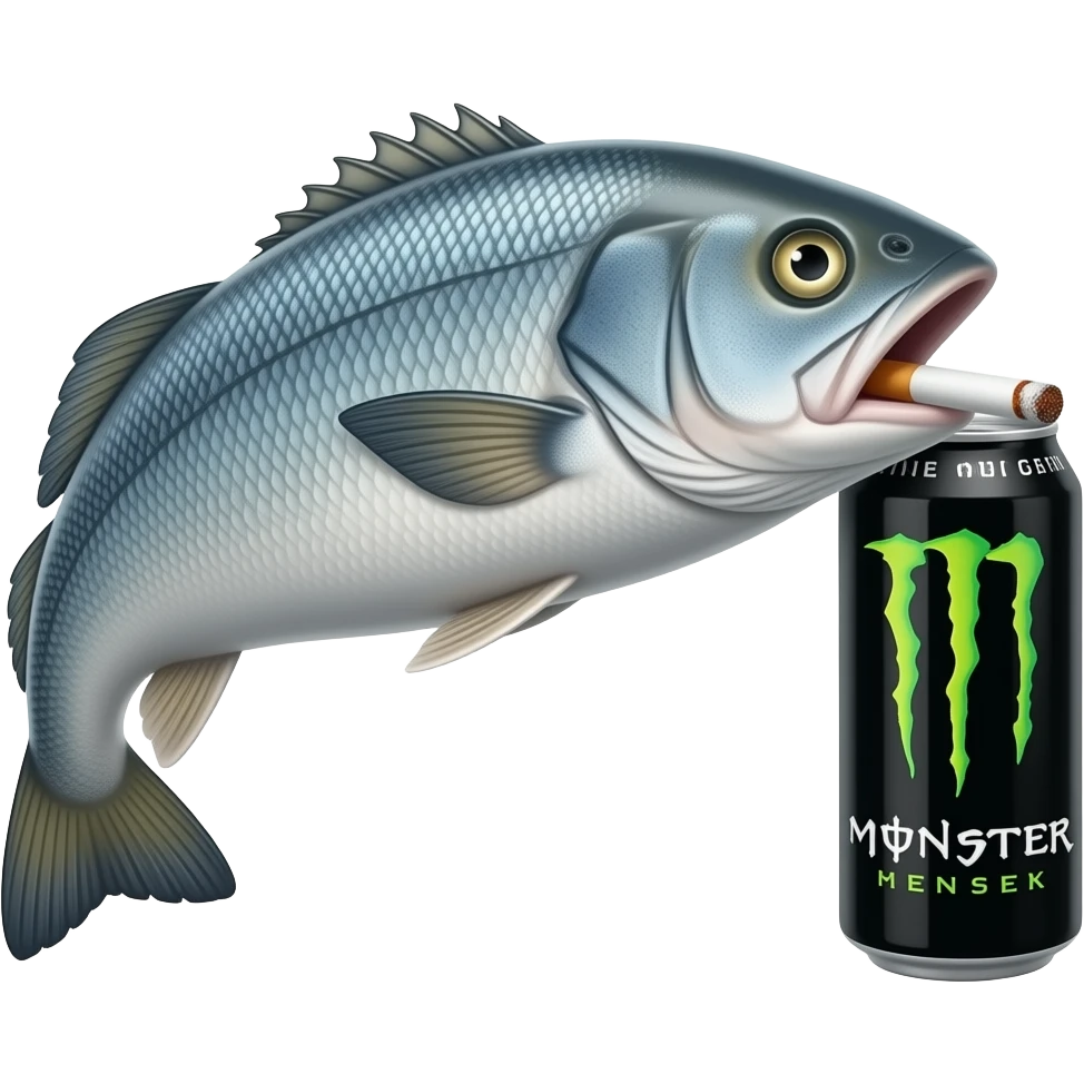 a sea bass with a White Monster Energy Drink and a cigarrette in its mouth emoji