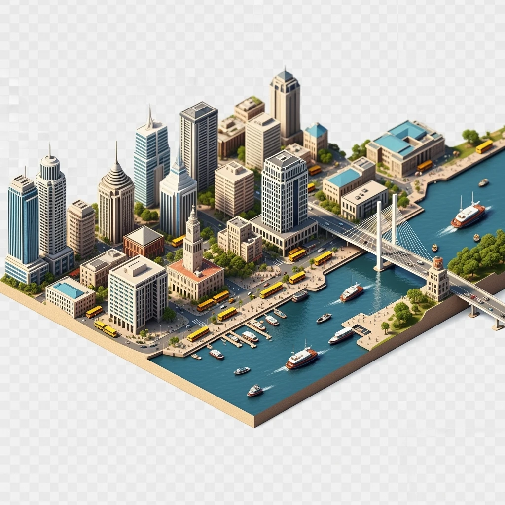 Isometric miniature of Lagos Nigeria 3D miniature effect and Tilt Shift effect, no cartoonish look, transparent background, don't cut angles emoji