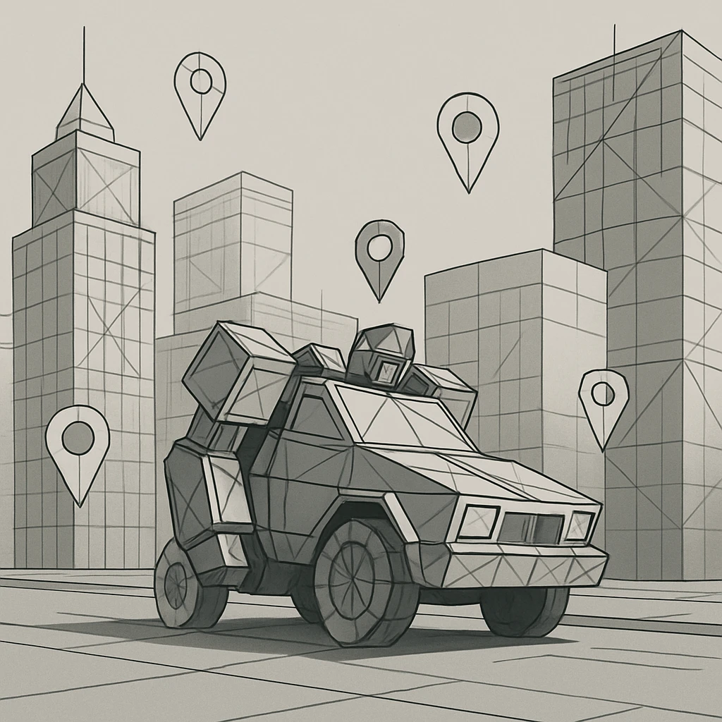 A robot disguised as a car drives through a city of skyscrapers, parts of the scene rendered as wireframes, digital waypoints indicating a simulated world emoji